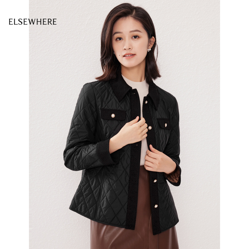 ELSEWHERE珂思【商场同款】气质黑色翻领长袖轻薄棉衣女秋季新款