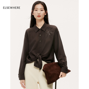 醋酸 女秋季 ELSEWHERE珂思商场同款 衬衫 新款 珠片雏菊绣花长袖