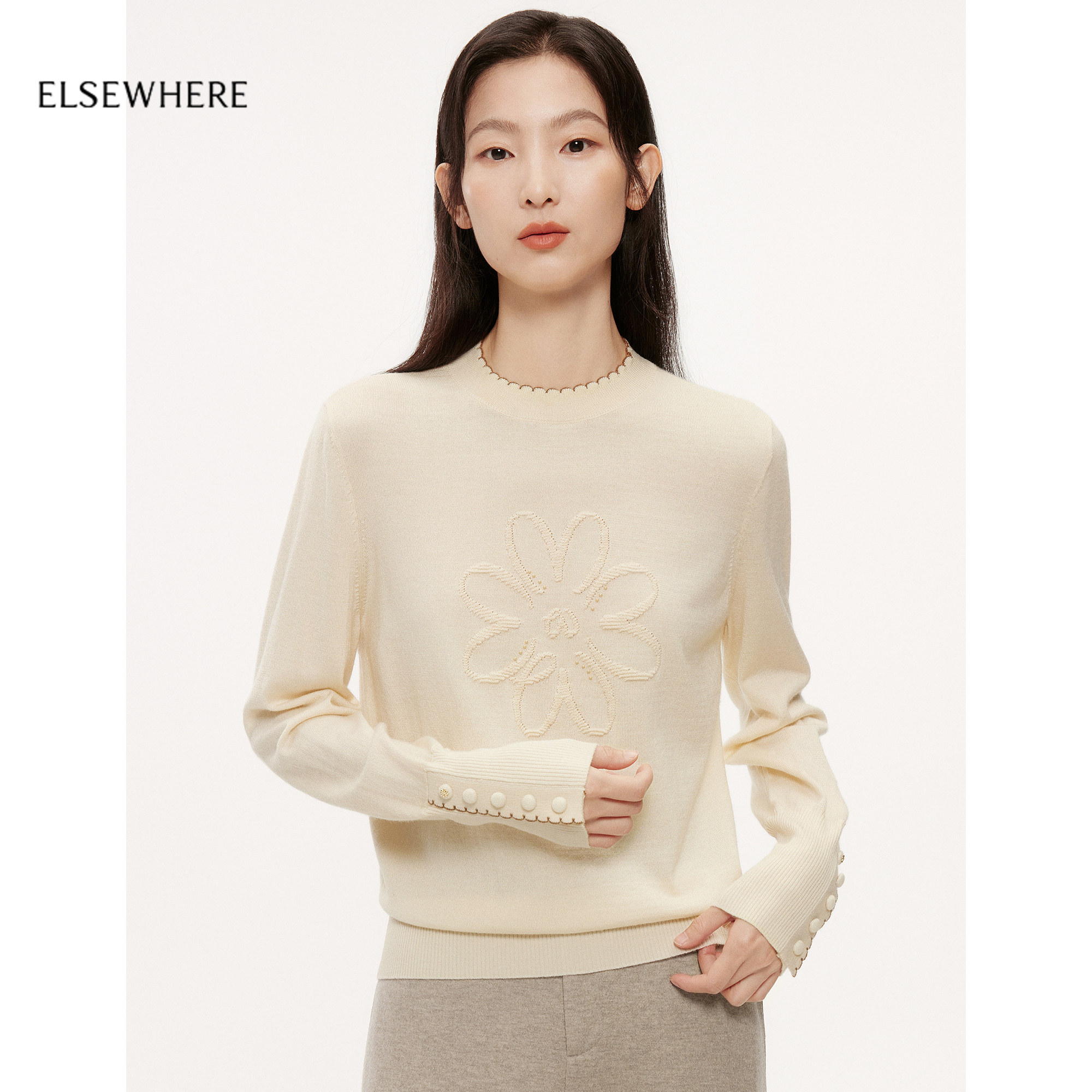 【云舒衫】ELSEWHERE珂思商场同款羊毛桑蚕丝雏菊针织衫女秋新款