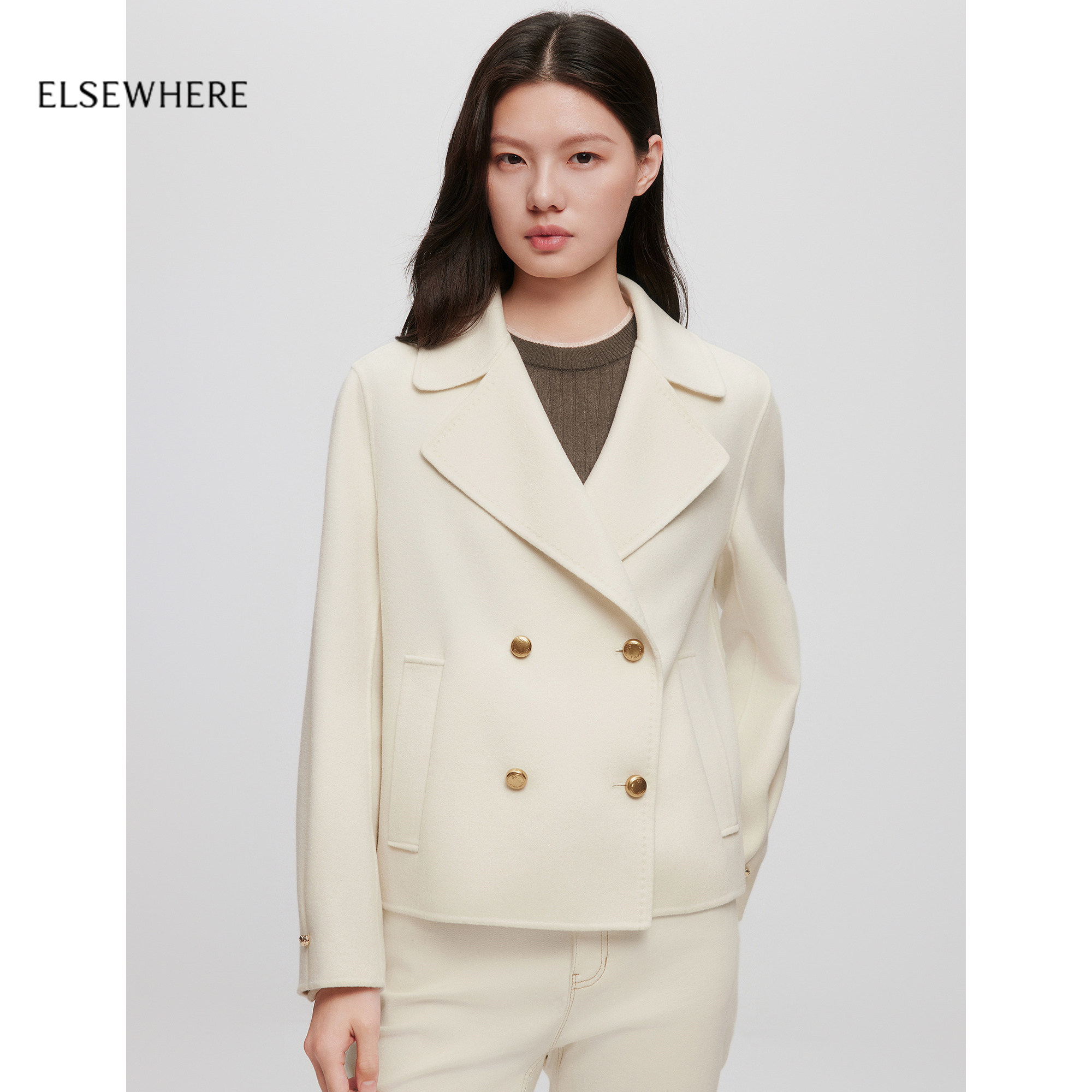 【羊毛羊绒桑蚕丝】ELSEWHERE珂思经典翻领呢子外套2025冬季新款,女装/女士精品,毛呢外套,淘宝优惠券,粉丝福利购,淘宝优惠卷