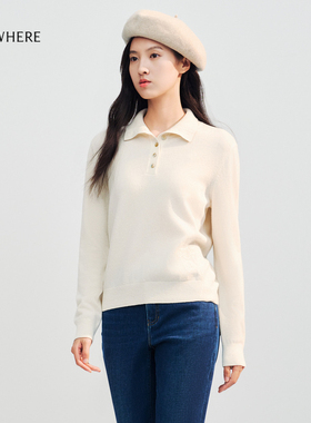 【绵羊毛x山羊绒】ELSEWHERE珂思商场同款翻领羊绒衫女冬毛衣新款