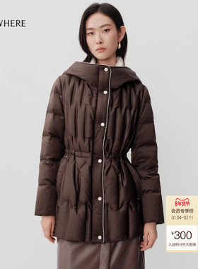 【长白山白鹅绒】ELSEWHERE珂思时尚收腰连帽羽绒服2025冬季新款