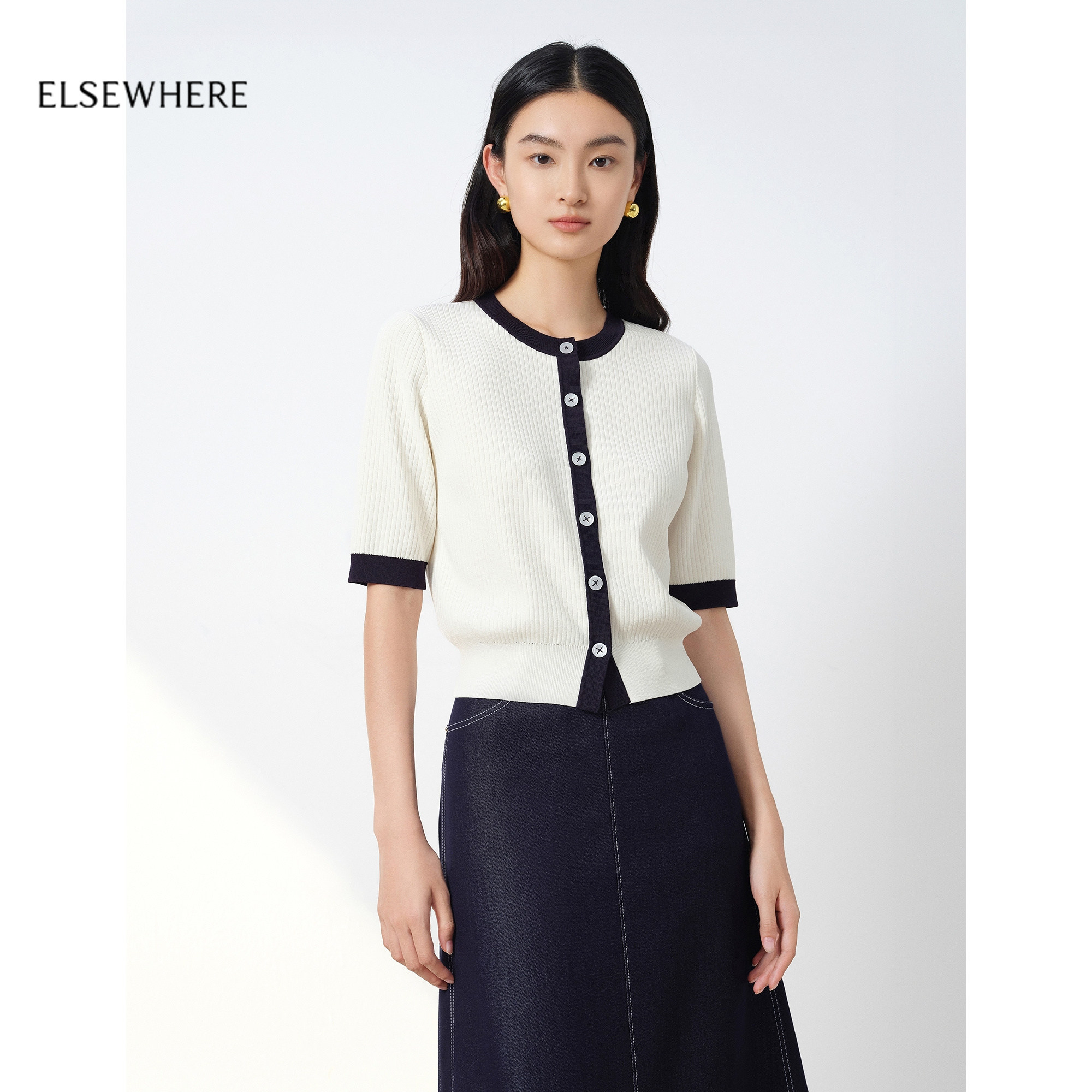 ELSEWHERE珂思商场同款气质撞色领口毛针织开衫女2026春季新款,女装/女士精品,毛针织衫,淘宝优惠券,粉丝福利购,淘宝优惠卷