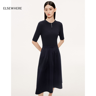 新款 ELSEWHERE珂思 商場同款 假兩件拼接收腰連衣裙女2025秋季