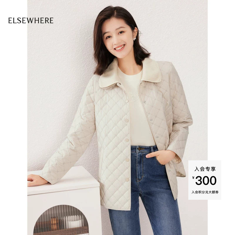 ELSEWHERE珂思【商场同款】中长款大翻领棉服外套女秋季新款