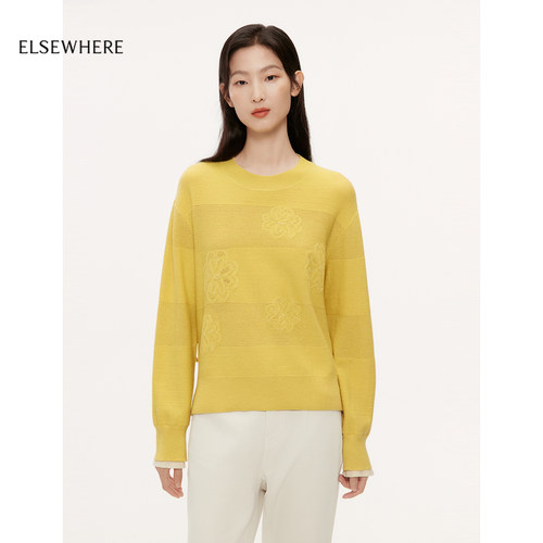 【羊毛桑蚕丝】ELSEWHERE珂思商场同款雏菊挑孔针织衫女秋季新款