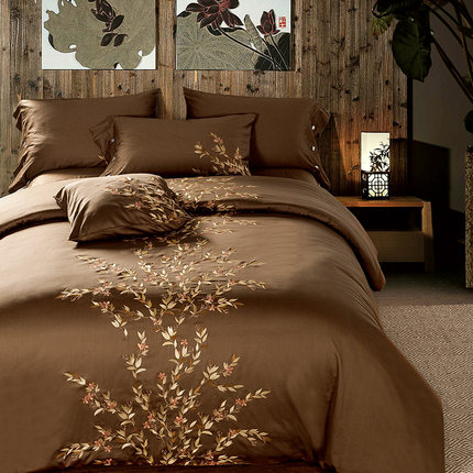 七好啄木鸟全棉刺绣四件套60S长绒棉贡缎绣花纯棉床上用品1.8m