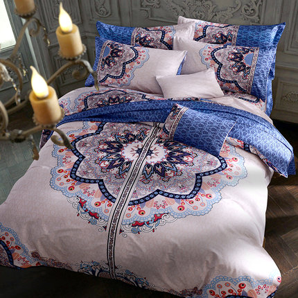 七好啄木鸟民族风纯棉四件套床上用品 全棉单双人1.5m1.8m床套件