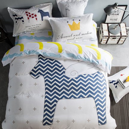 七好啄木鸟纯棉四件套全棉卡通北欧风1.8m床单被套简约床上用品