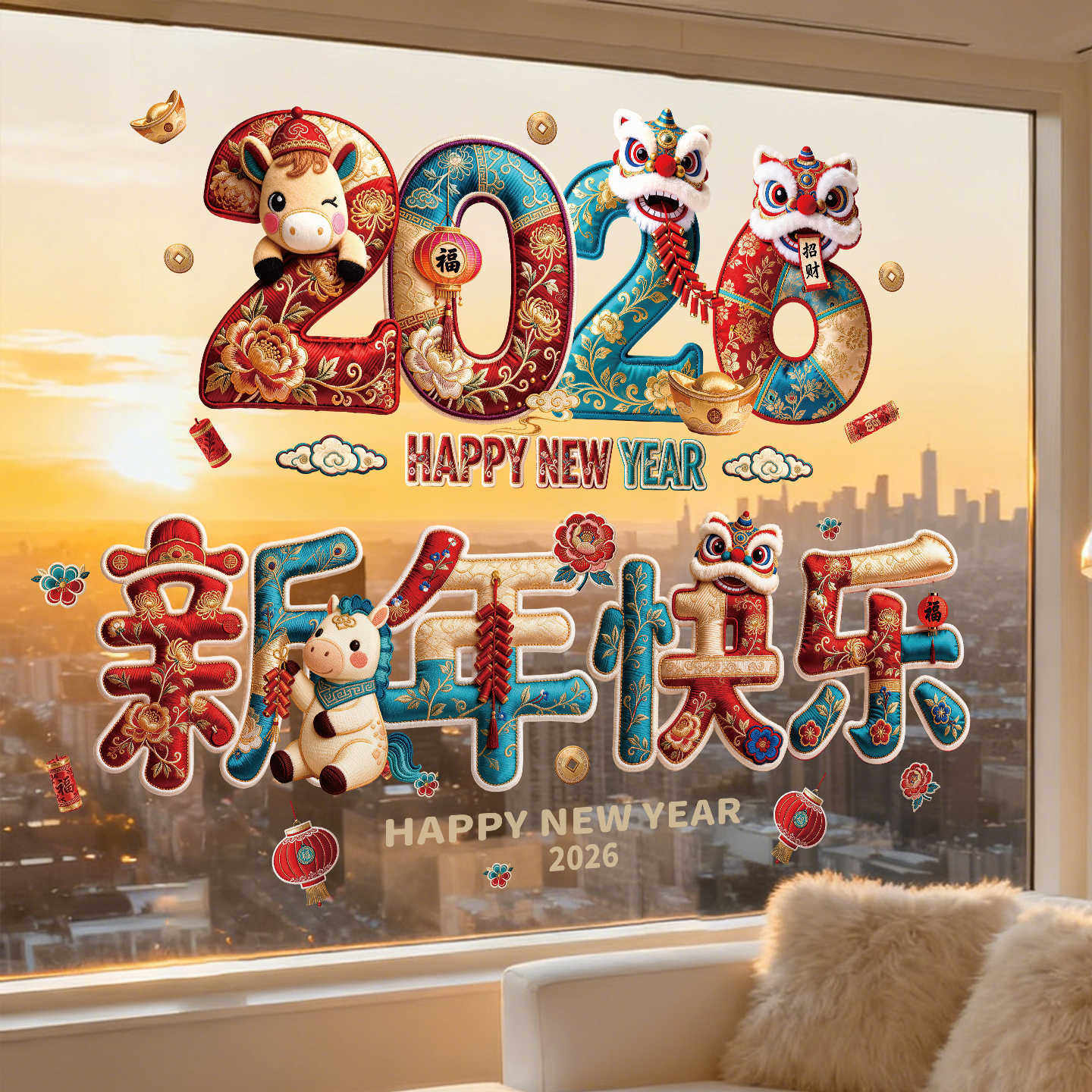 爱都春节刺绣新年快乐静电贴闪粉贴纸马年新年布置商场橱窗,家居饰品,软装墙贴,淘宝优惠券,粉丝福利购,淘宝优惠卷