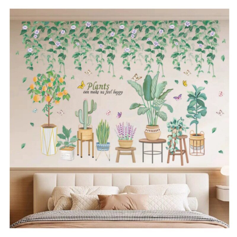 小清新墙壁绿植盆栽贴画墙贴贴花装饰自粘厨房餐厅玻璃贴纸北欧风