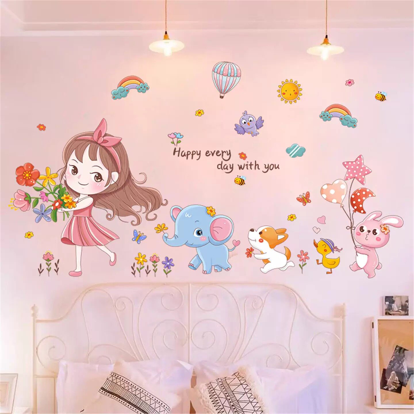 可爱女孩床头装饰卧室少女心儿童卡通帖子贴纸图案背景墙壁画自粘