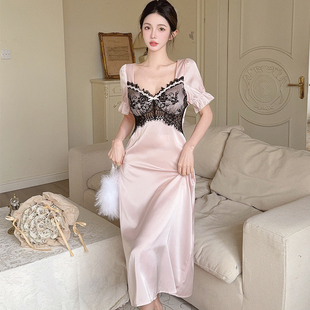 带胸垫短袖睡裙连衣裙中长款蕾丝睡衣女性感法式高级感夏天薄冰丝
