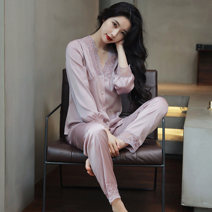 甜美睡衣女春秋薄款 冰丝新款 性感女士蕾丝v领宫廷丝绸紫粉色套装