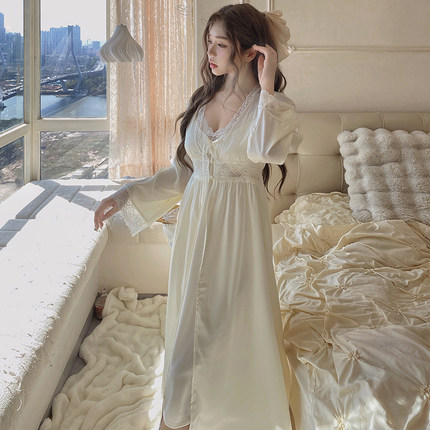 长款睡衣女性感高级春秋夏冰丝吊带胸垫睡裙法式晨袍两件套宫廷风