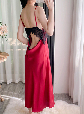 美背睡裙加长款V领吊带胸垫睡衣女蕾丝性感纯欲红色超长吊裙高级