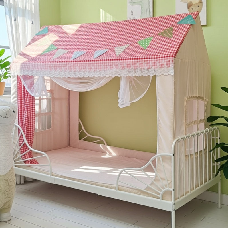 儿童床蚊帐女孩卧室幼儿床单人床不锈钢支架蕾丝花边甜美公主风