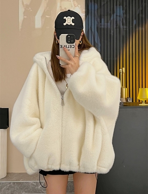 加厚连帽仿水貂绒皮草外套女