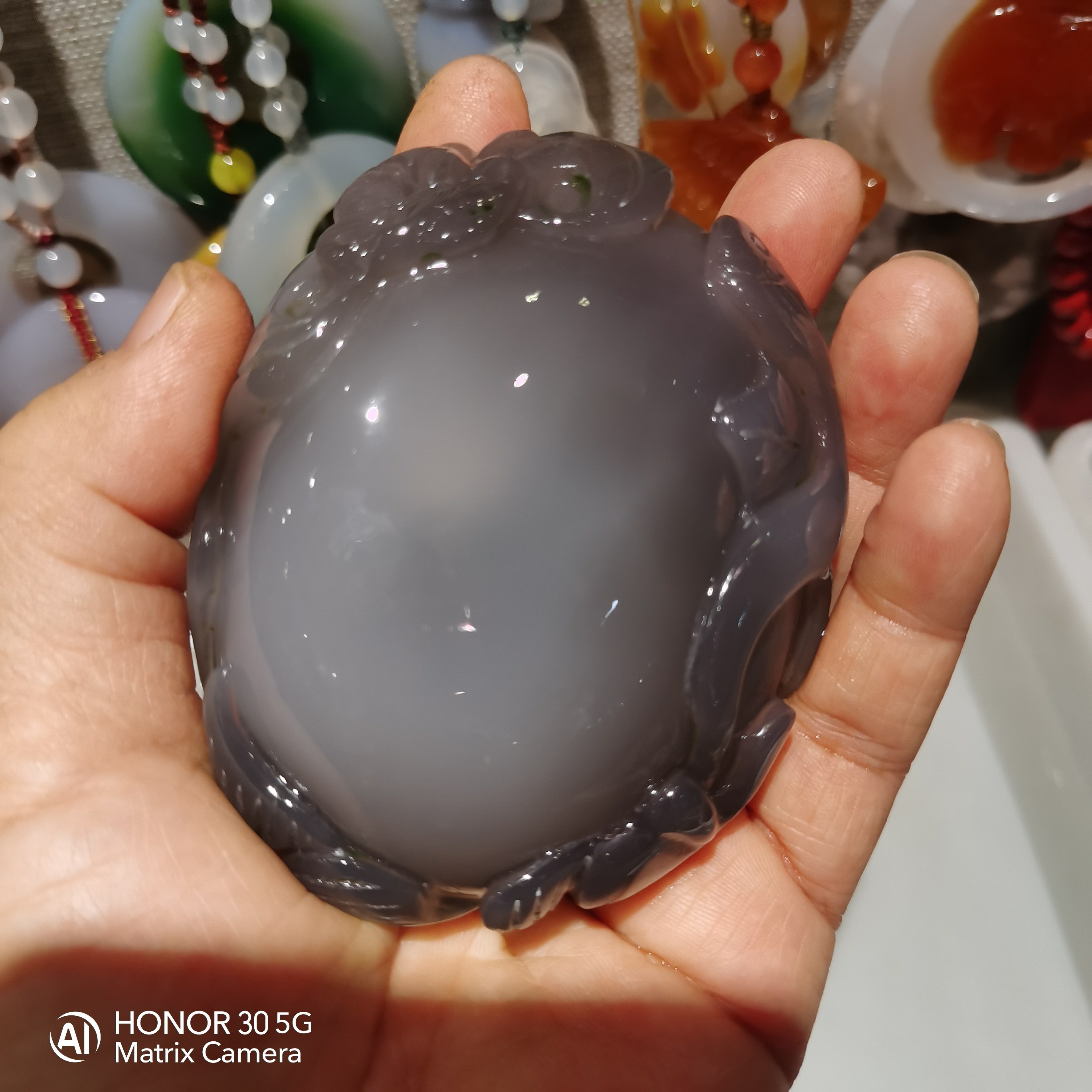 阜新十家子纯天然玛瑙手工雕刻手把件水胆玛瑙早日发财收藏臻品健
