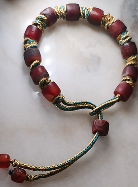 古玉石西亚老玛瑙仿古西周玛瑙手链车轮珠扁珠算盘珠石皮缠丝手串