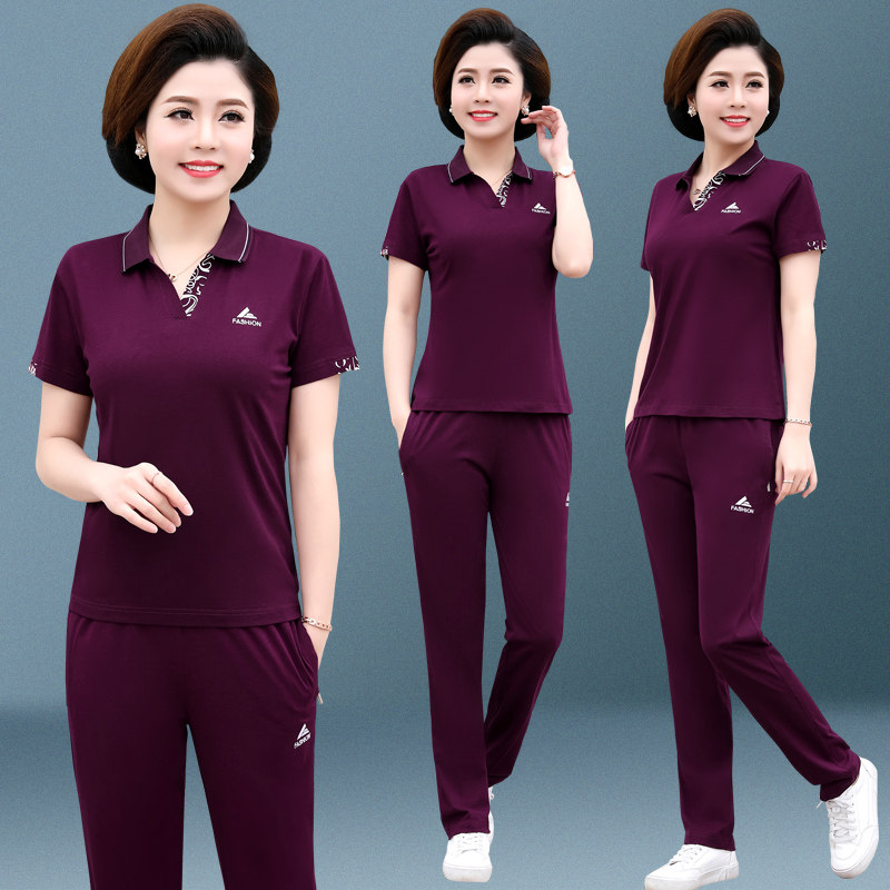 中老年妈妈夏装休闲运动服套装女中年人有领短袖纯棉两件套遮肚子