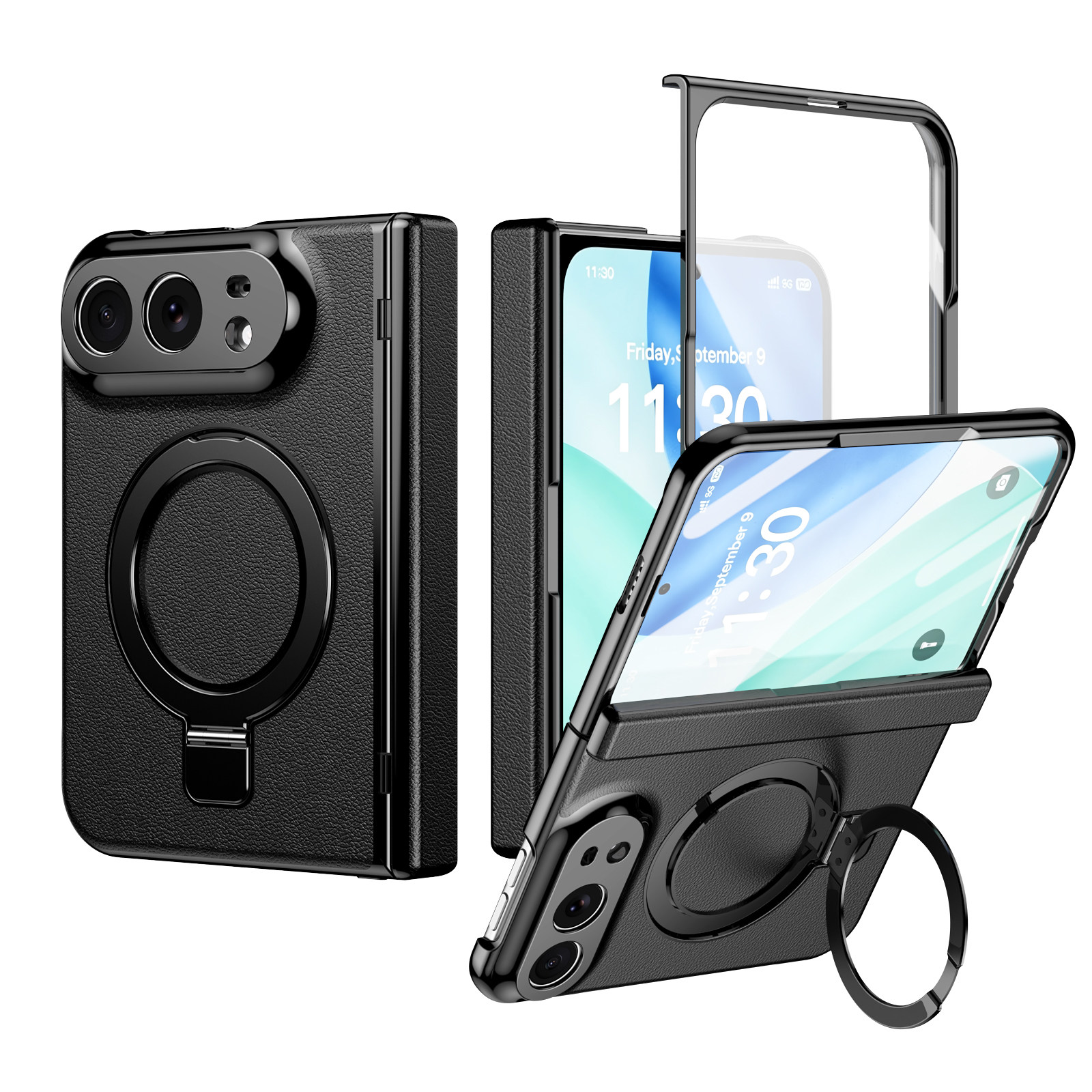 适用新款iPhoneDuo手机壳简约折叠金属支架皮革防摔Magsafe无线充电苹果duo保护套皮纹壳膜一体铰链全包case