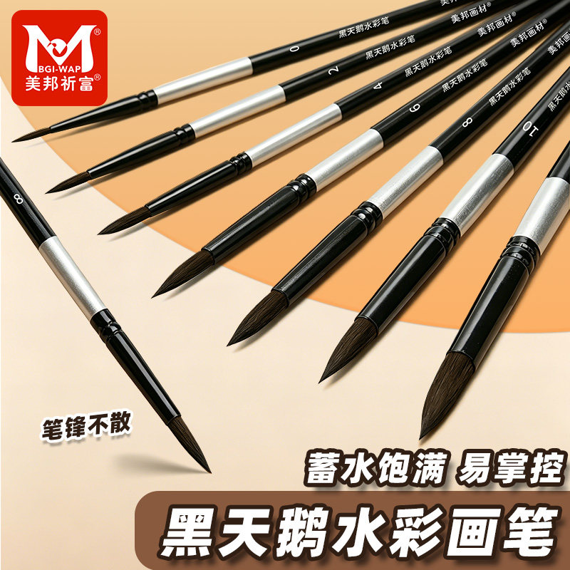 美邦黑天鹅水彩画笔套装美术生专用数字油画毛笔尼龙颜料笔圆头排刷子专业软毛笔绘画工具松鼠毛旅行笔勾线笔