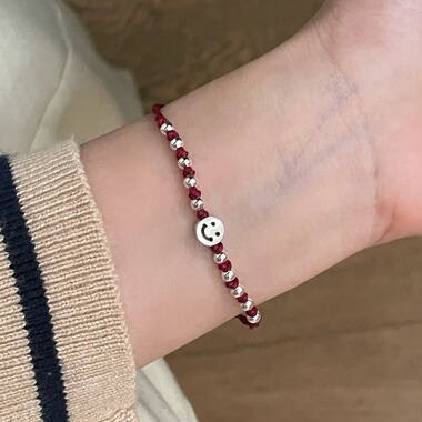 s925纯银镂空笑脸编织手链红绳ins简约显白小众设计高级感