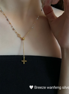 S925纯银意大利锁骨链车花珠十字豆豆仙女链抽拉项链女小众设计感