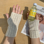 露指学生百搭 可爱羊毛混纺针织毛线手套女冬季 新款 可卷边半指薄款