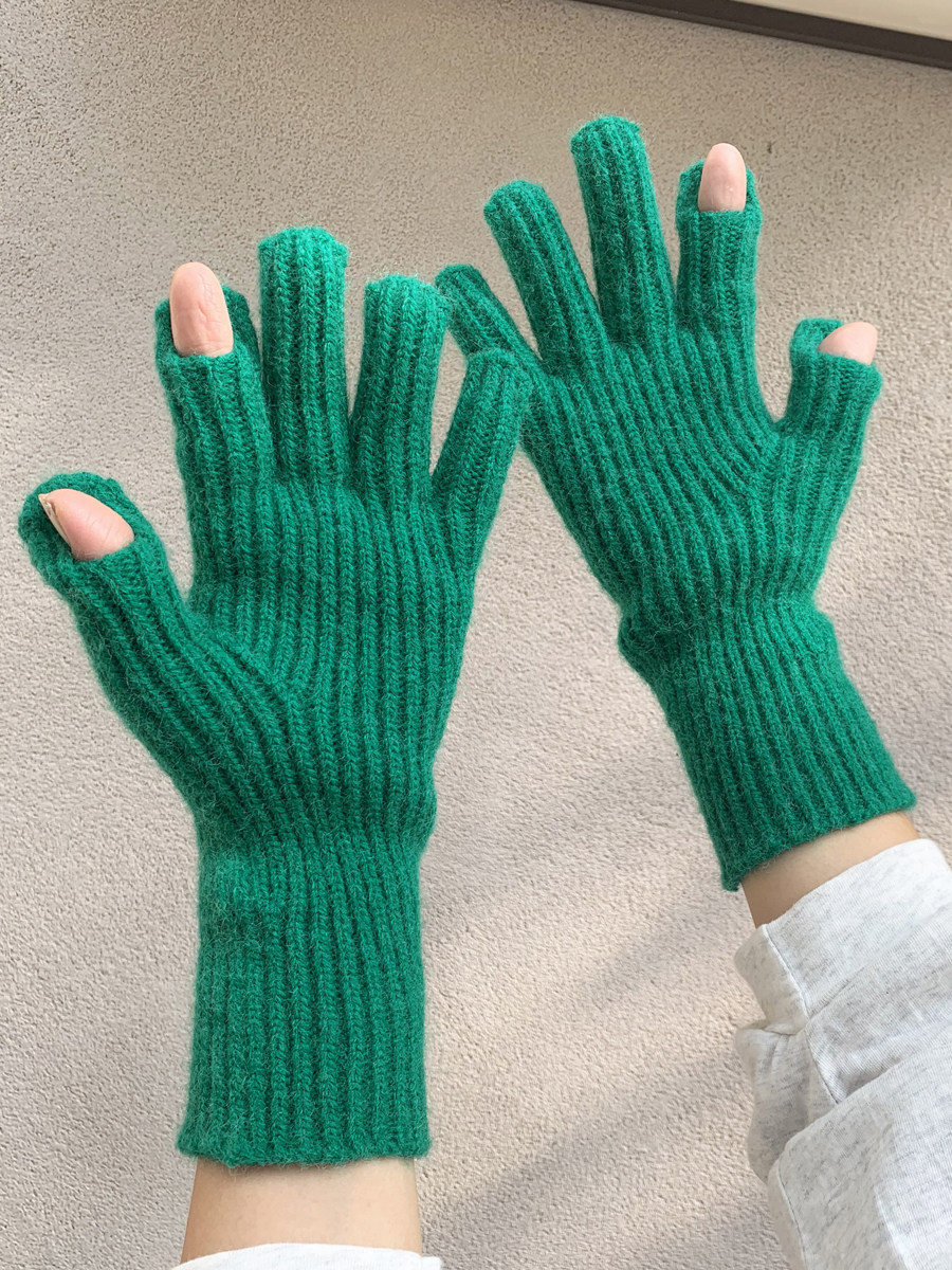 WINTER POINTS CUTE INS WOOL KNITTED GLOVES WINTER WOMENS CYCLING WARM EXPOSED TWO-FINGERED JAPANESE MENS AND WOMENS GLOVES