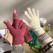 亲子款 好品质 小手羊毛混纺针织触屏手套女冬季 保暖露指毛线手套