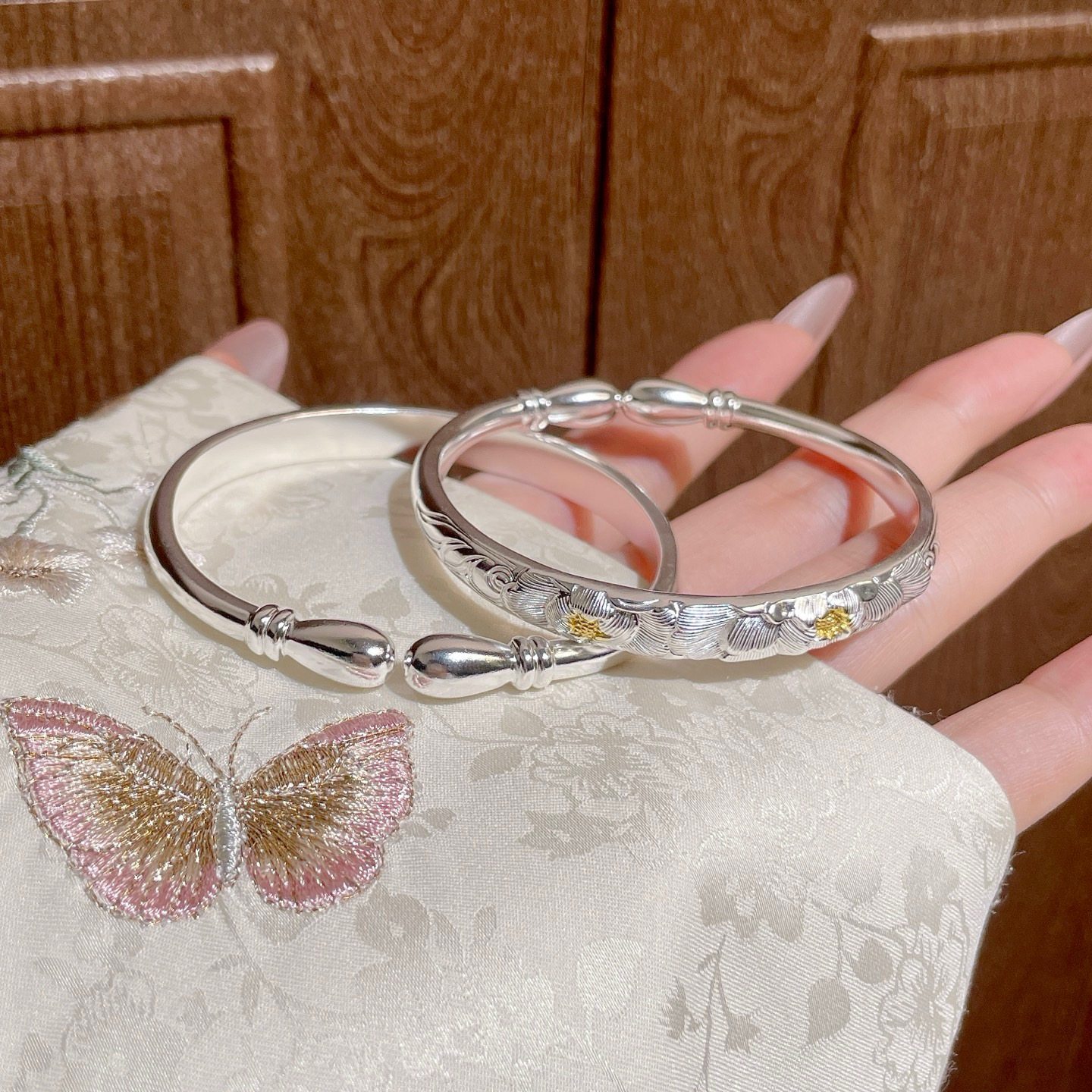 足银9999电分色手镯女纯银新中式国风高级感百搭开口镯子