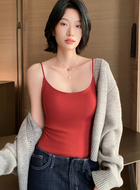 红色保暖背心女带胸垫秋冬内搭打底上衣文胸一体吊带2025新款外穿