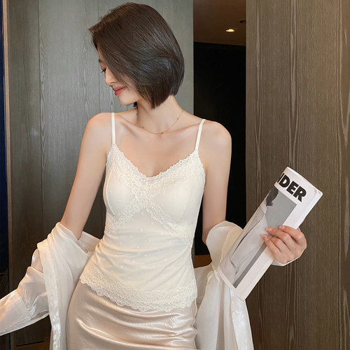 波点蕾丝吊带背心女内搭带胸垫免穿文胸修身一体式美背内衣可外穿