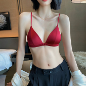 三角杯无钢圈性感深V前扣红色文胸 小胸法式 本命年内衣套装 女薄款
