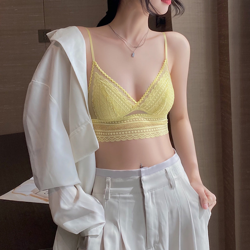 多巴胺内衣女夏天薄款法式小胸三角杯性感蕾丝露背美背无钢圈文胸