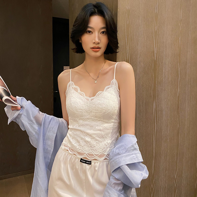 蕾丝吊带背心女夏季薄款透气带胸垫免穿文胸一体式美背细肩带内衣
