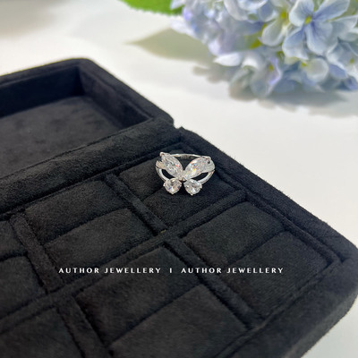 AUTHOR 「人间富贵花」蝴蝶钻戒925纯银戒指 水滴满钻珠宝食指环