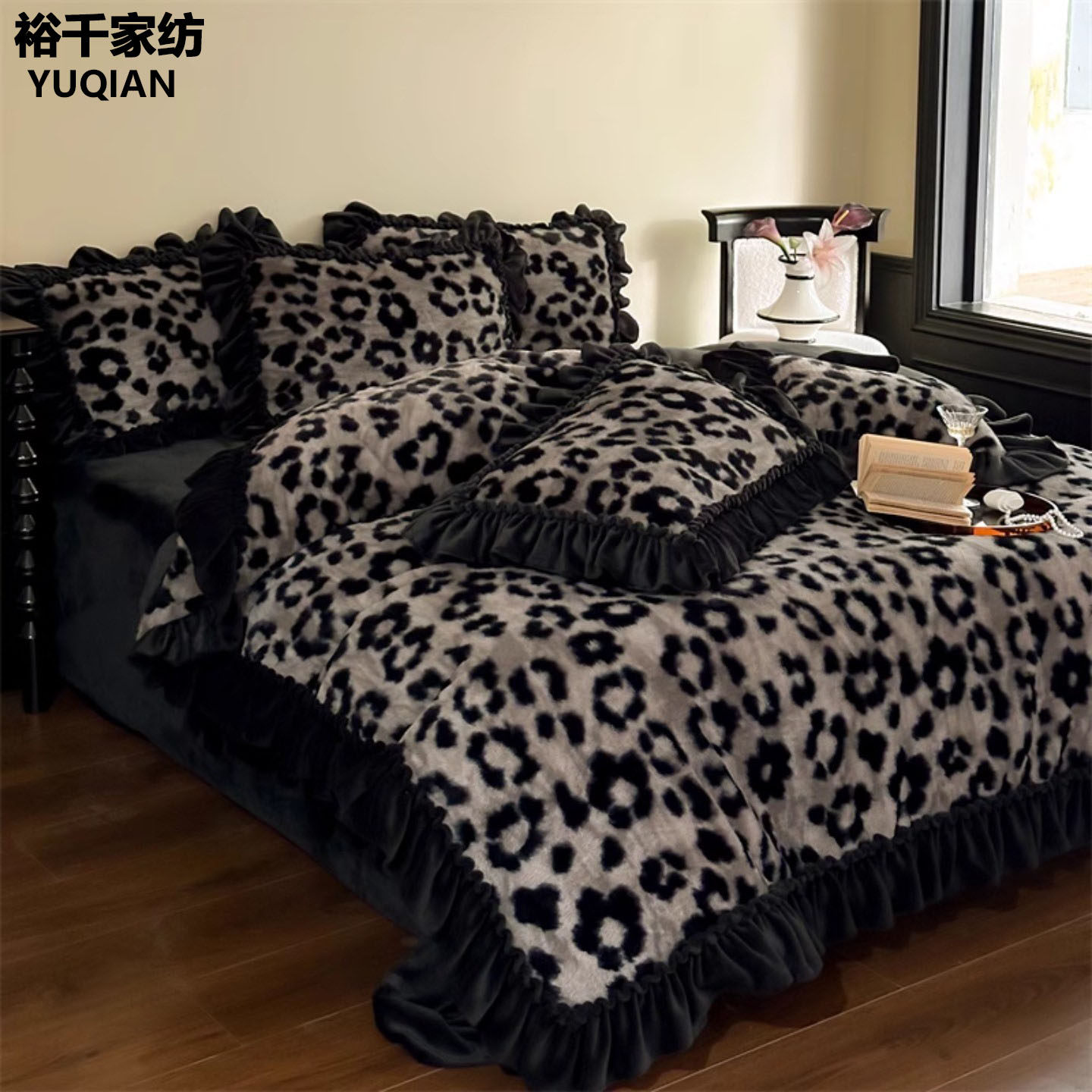 轻奢高级感豹纹牛奶绒四件套冬季加厚兔毛绒床上用品珊瑚绒床笠款