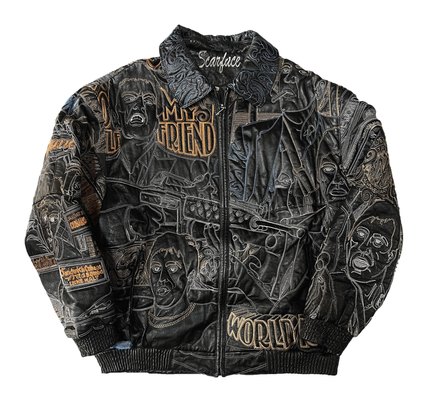 90s 绝版 Scarface万针刺绣真皮夹克 美式复古街头嘻哈hiphop夹克