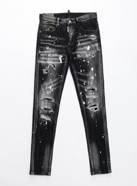 广州高版本D2潮牌牛仔裤男水洗磨破洞补丁油漆修身小脚黑色乞丐裤