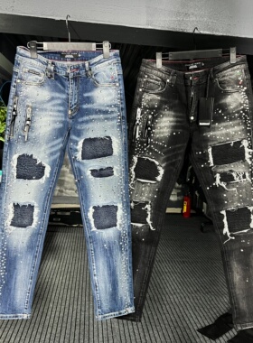 广州高版本PP牛仔裤男潮牌轻奢水洗破洞补丁铆钉个性时尚弹力修身