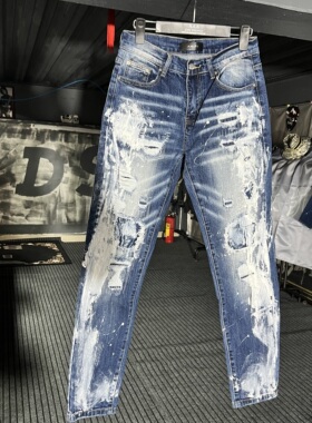 广州高版本潮牌AM沷墨牛仔裤长裤破洞修身牛仔裤印花小脚男女长裤