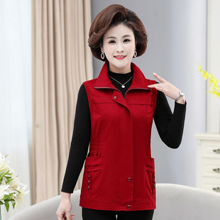 中老年女装春秋中长款大红色马甲妈妈装大码休闲外套背心纯棉坎肩