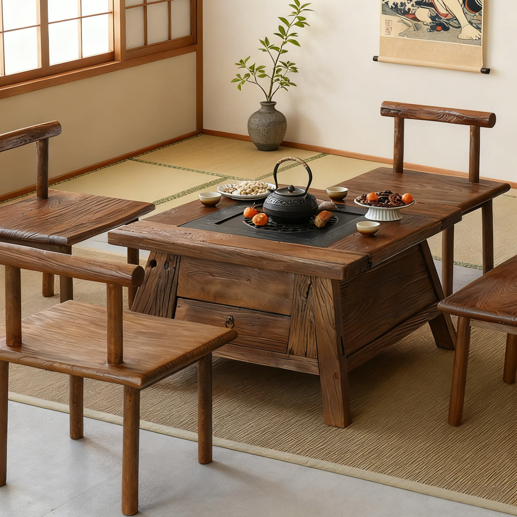 侘寂风户外庭院围炉煮茶桌