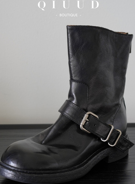 Q I U U小众设计感复古水洗牛皮短靴女英伦风皮带扣中筒靴马丁靴