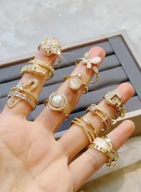 批发简约几何形镶钻锆石戒指女小众轻奢风个性食指戒开口指环