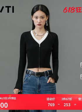 U/TI黑色设计感撞色针织衫女装假两件双拉链毛衫尤缇2025春季新款