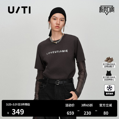 U/TI纯棉假两件长袖T恤女圆领直筒网纱拼接打底尤缇2026春季新款